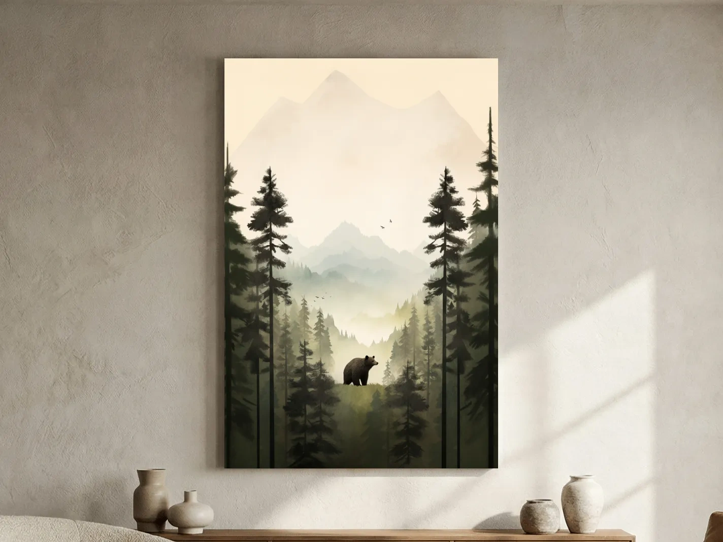 Misty Pine Forest Bear Illustration - Minimalist Wildlife Wall Art