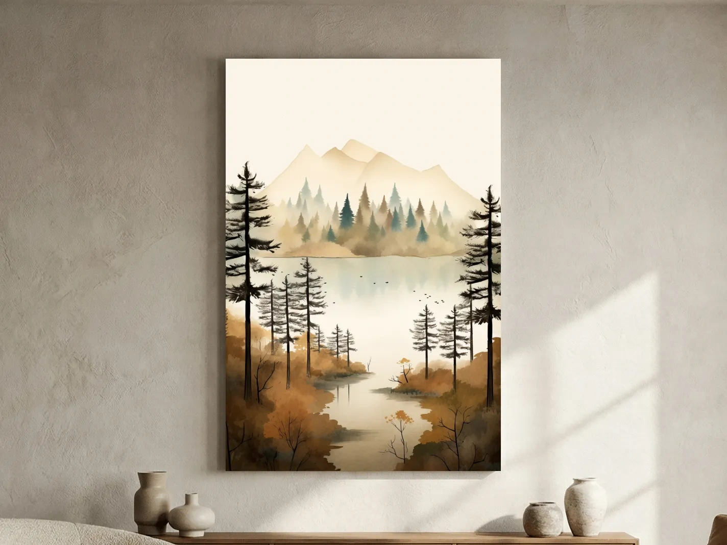 Misty Watercolor Mountain Lake Forest - Serene Alpine Wall Art