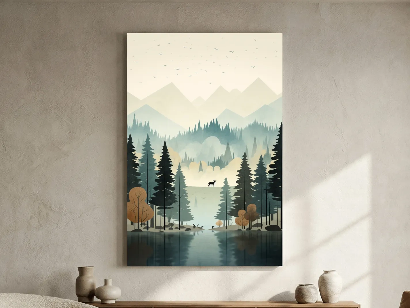 Alpine Lake Forest With Deer - Scandinavian Minimalist Wall Art