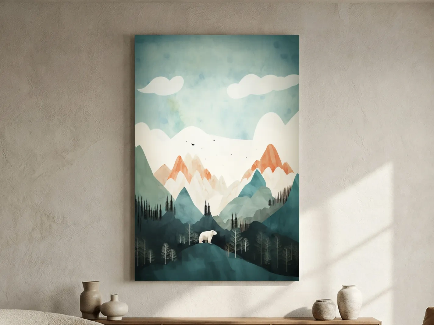 Bear standing in the forest, textured minimal illustration