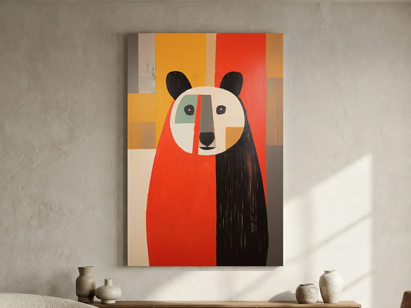 Bold Geometric Bear Portrait Painting - Quirky Abstract Animal Wall Art