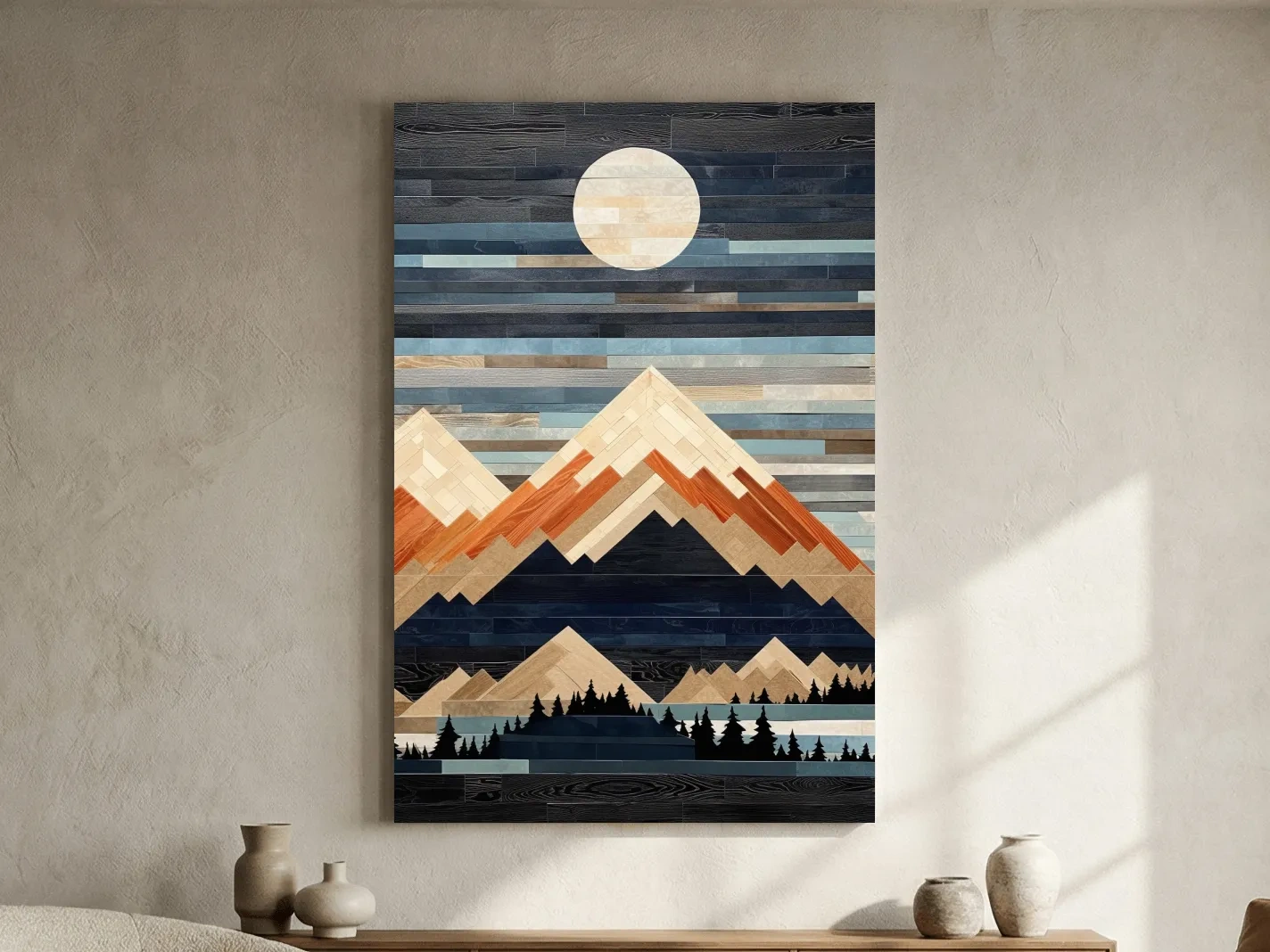 Geometric Wood Mosaic Mountain Range Under Full Moon - Modern Rustic Landscape Wall Art