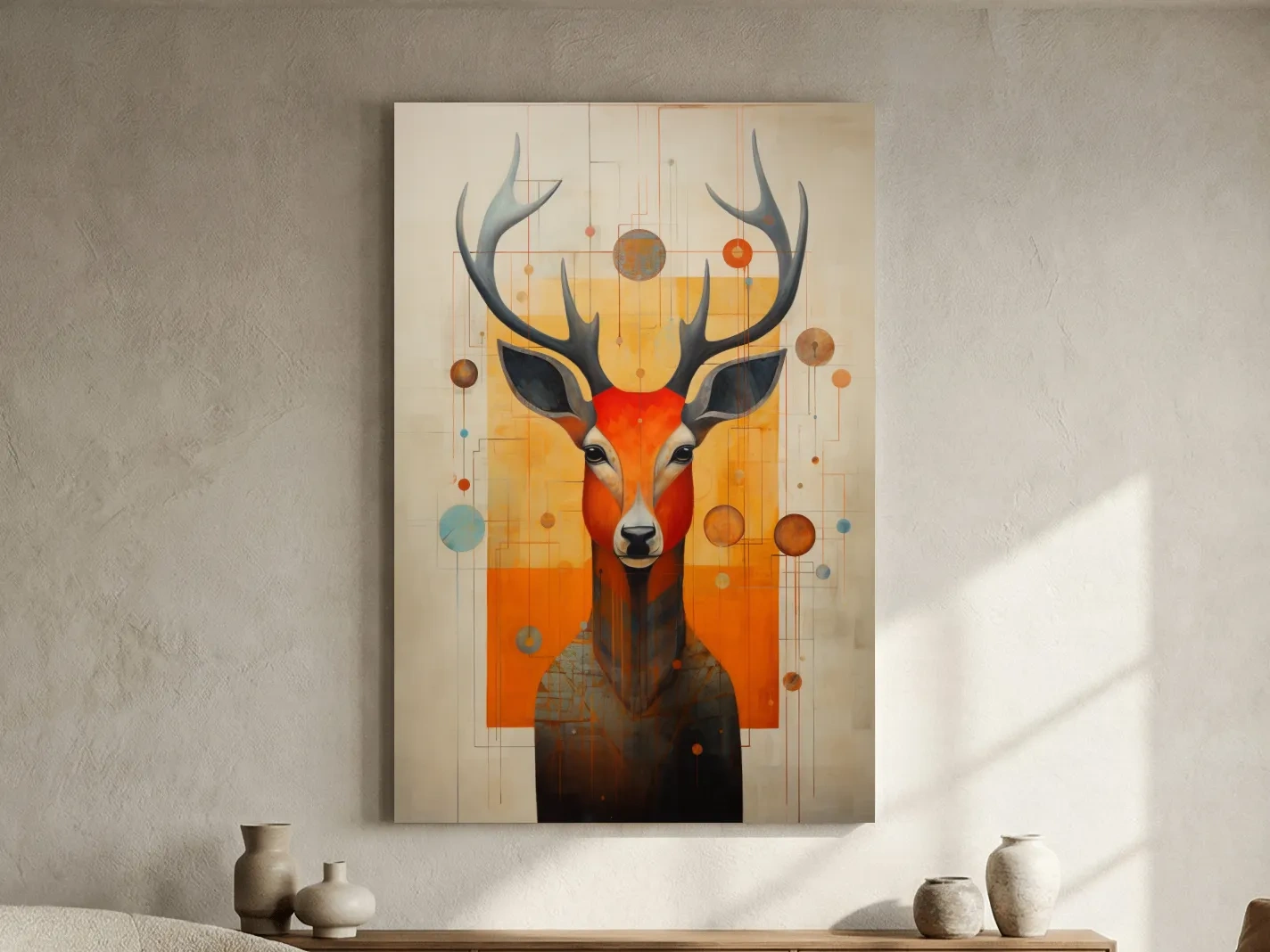 Mid Century Abstract Stag Portrait Painting - Quirky Wildlife Wall Art