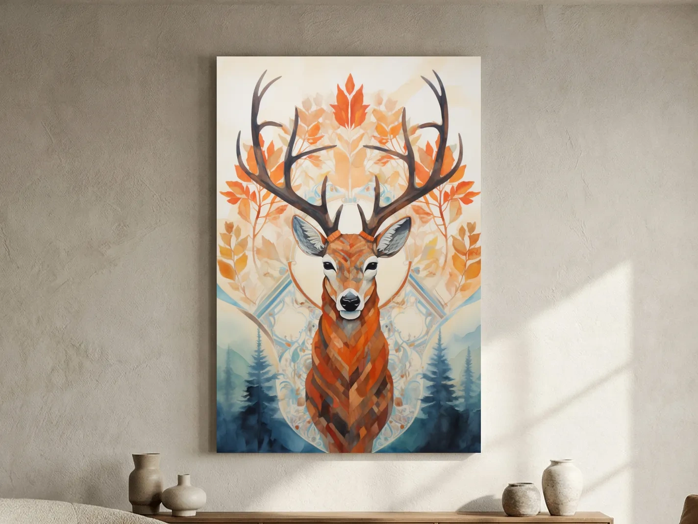 Ornate Stag Deer Watercolor Portrait - Autumn Woodland Wildlife Wall Art
