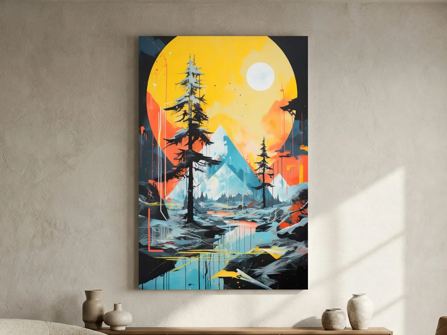Vibrant Abstract Mountain Lake Sunset Painting - Modern Geometric Pine Forest Wall Art