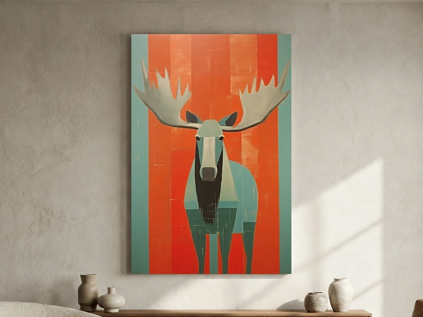 Mid Century Modern Rustic Moose Portrait Painting -  Wildlife Wall Art