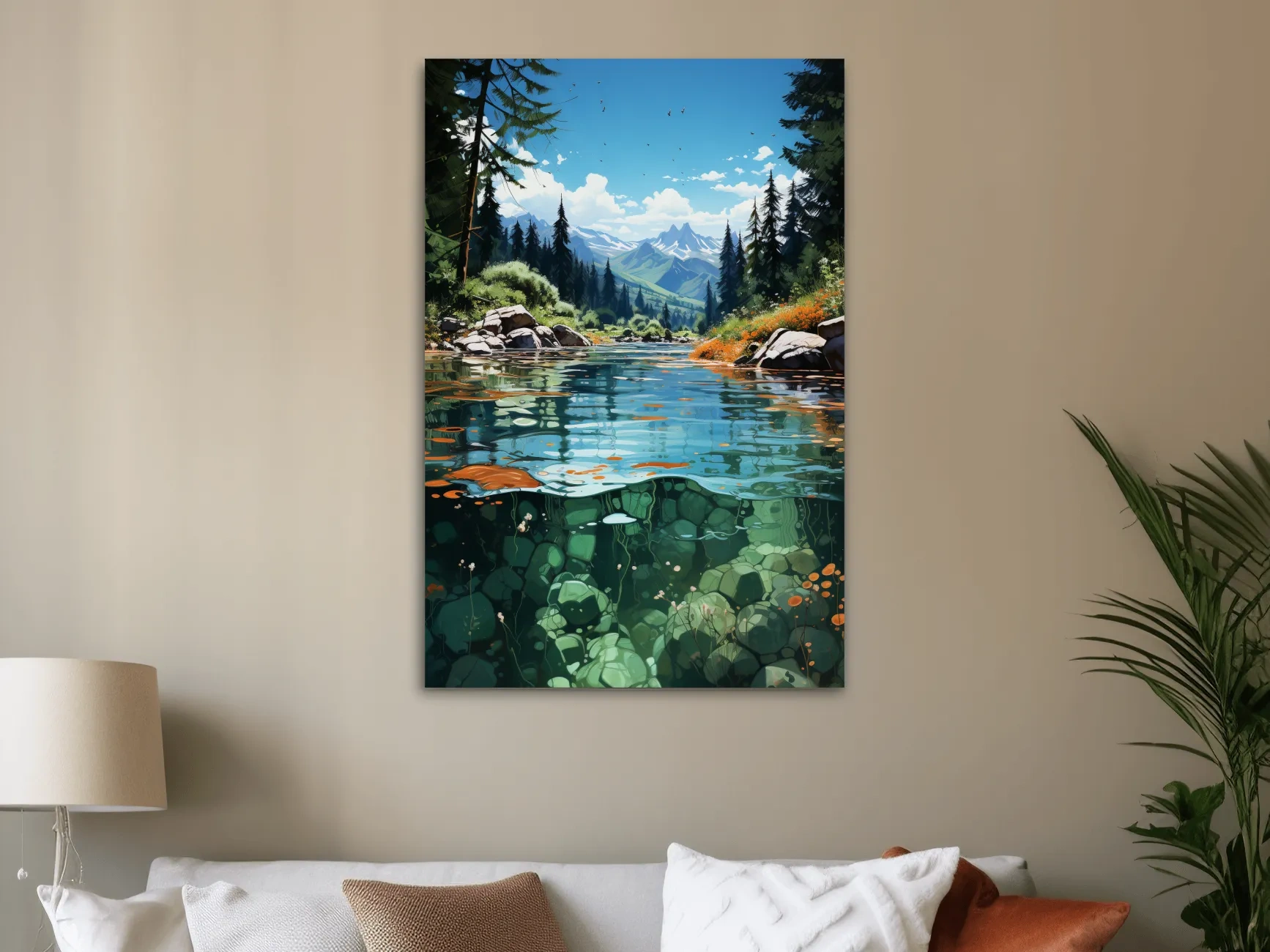 Crystal Clear Alpine River Landscape Illustration - Vibrant Mountain Forest Artwork