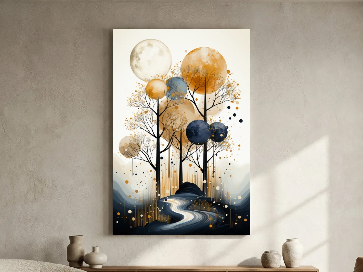Surreal Golden Moonlit Forest River - Chic Boho Landscape Wall Art