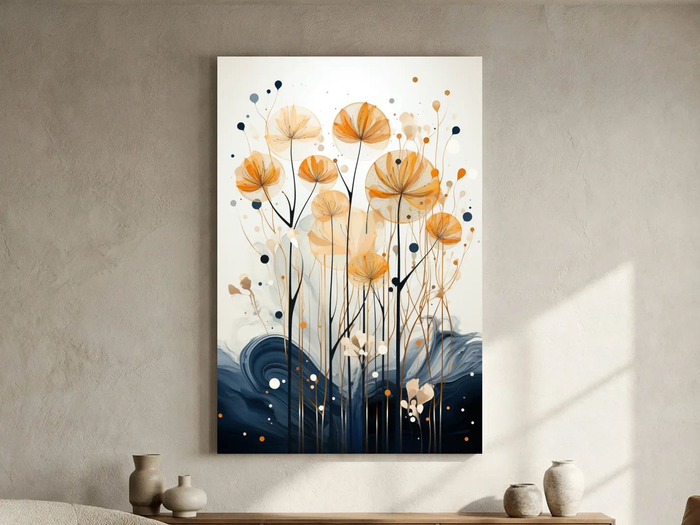 Abstract Golden Wildflower Ink Wash - Botanical Boho Wall Art