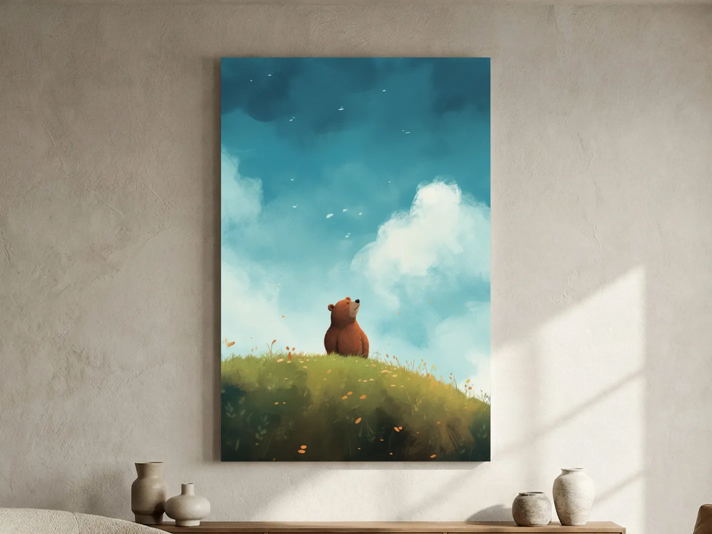 Whimsical Bear Cub Meadow Illustration - Cute Woodland Nursery Wall Art