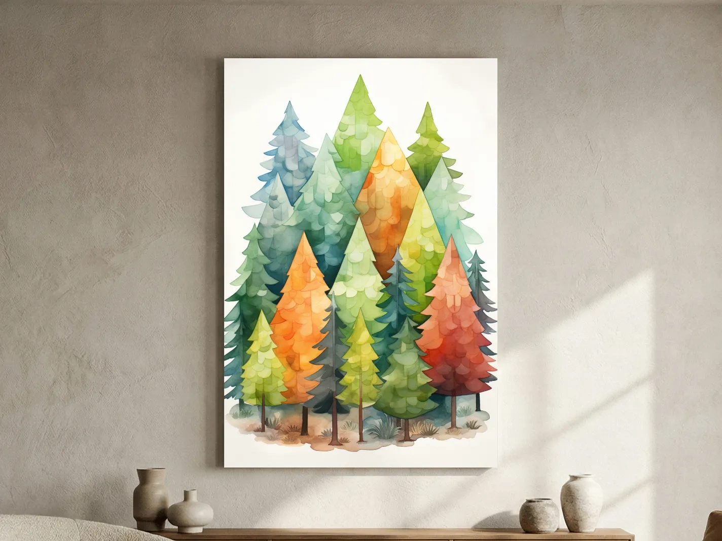 Whimsical Watercolor Pine Forest Illustration - Colorful Scandinavian Nature Wall Art