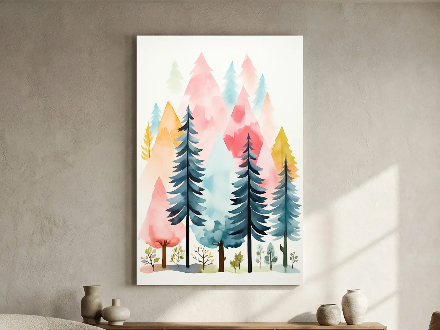 Pastel Watercolor Pine Forest - Colorful Scandinavian Nature Wall Art
