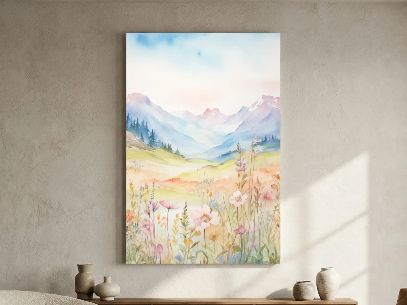 Pastel Watercolor Wildflower Meadow Mountains - Serene Floral Alpine Wall Art