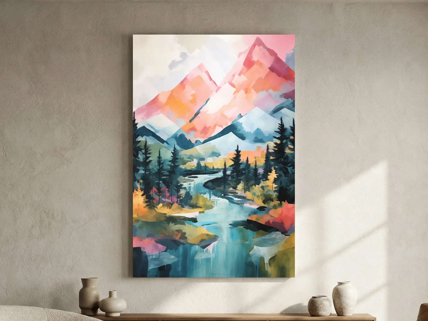 Vibrant Mountain River Landscape Painting - Colorful Alpine Forest Wall Art