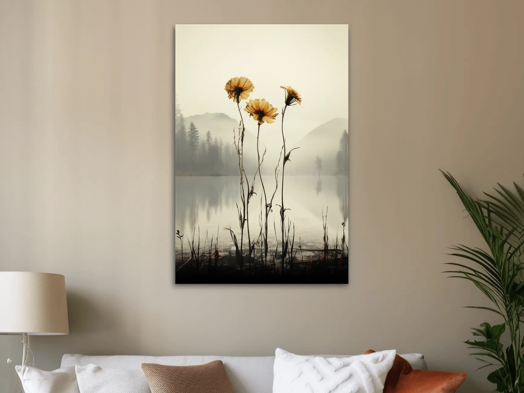Wildflower Misty Lake Landscape - Minimalist Botanical Wall Art
