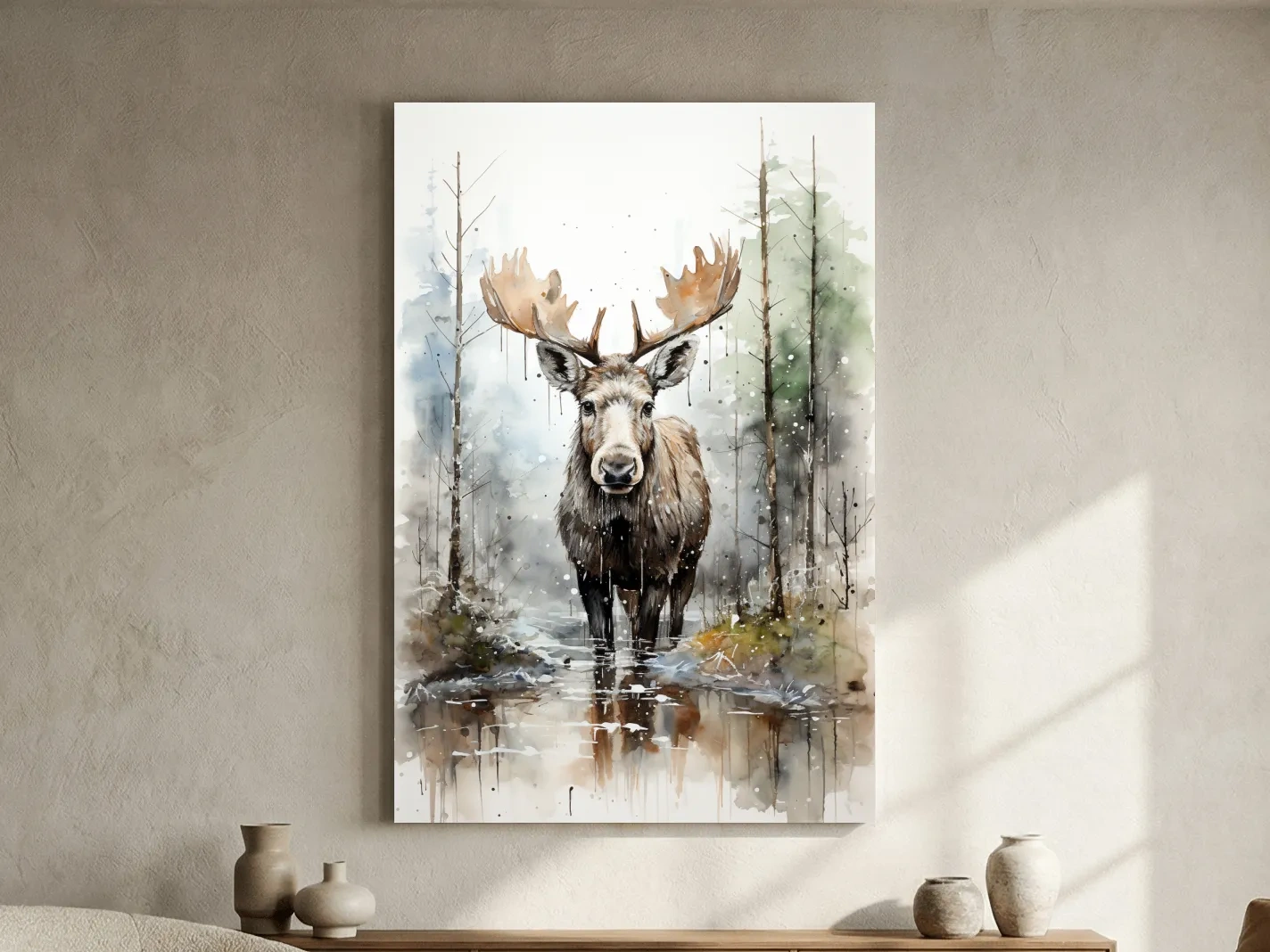 Watercolor Moose In Misty Forest - Rustic Woodland Wildlife Painting Wall Art