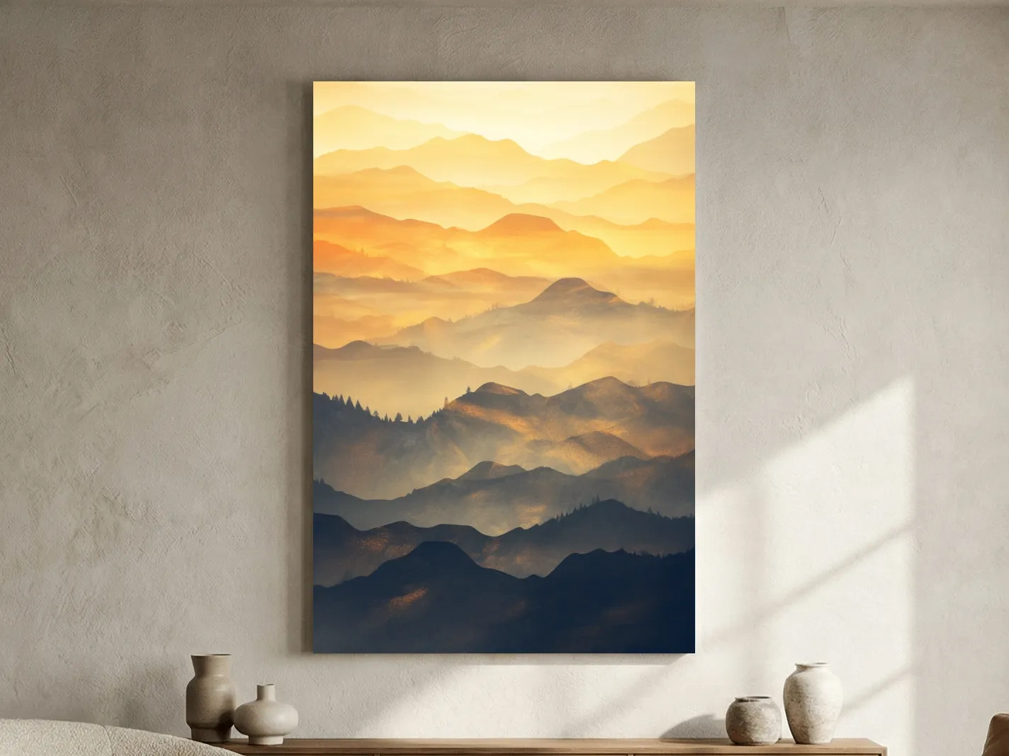 Golden Misty Mountain Ranges Landscape - Serene Layered Sunrise Artwork