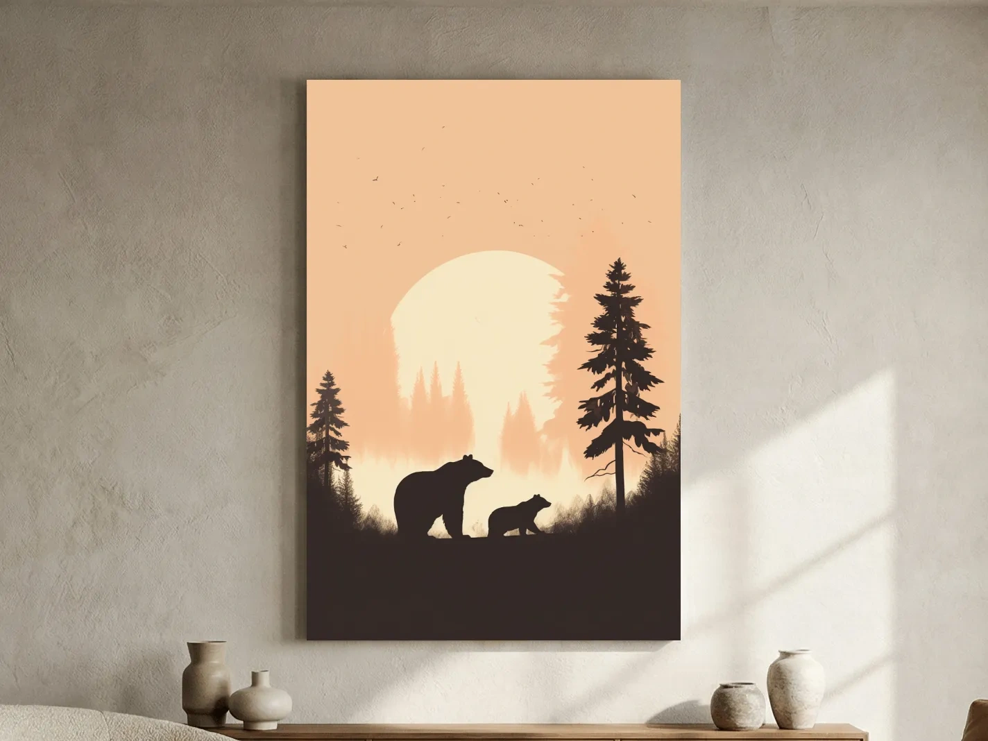 Momma Bear & Cub Silhouettes At Sunset - Minimalist Forest Wildlife Wall Art