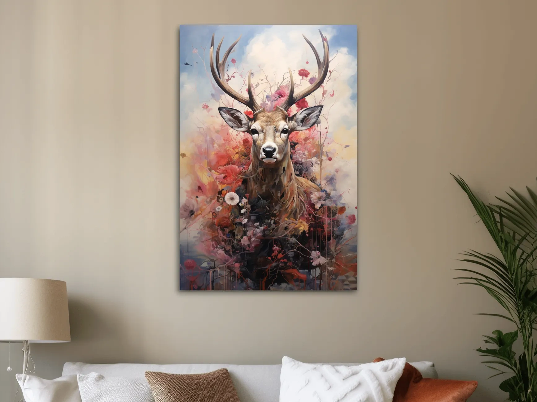 Painting of a deer head wrapped in flowers