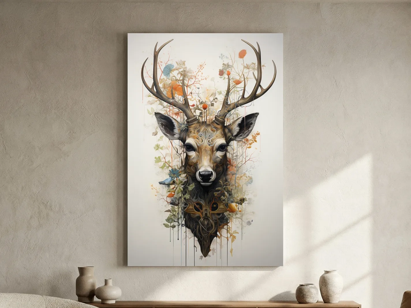 Ornate Floral Deer Head Illustration - Elegant Woodland Wildlife Wall Art
