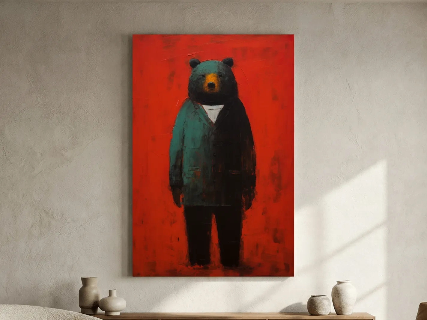 Moody Bear Wearing Suit Portrait Painting - Expressive Wildlife Wall Art