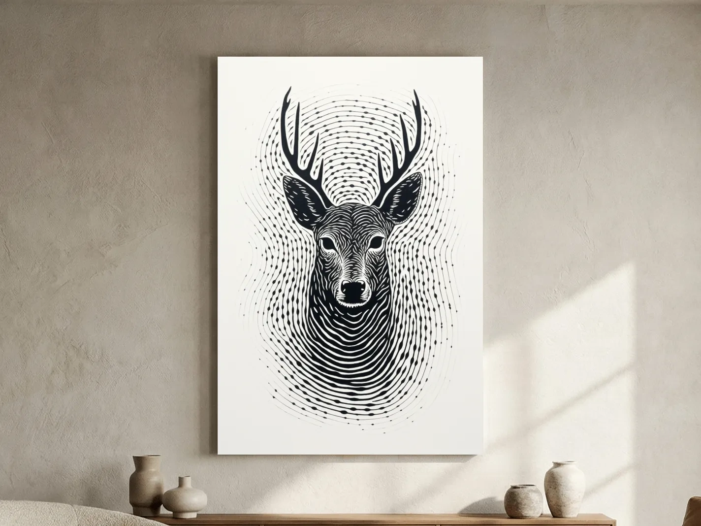 Psychedelic Deer Head Fingerprint Line Art - Black And White Wildlife Wall Art