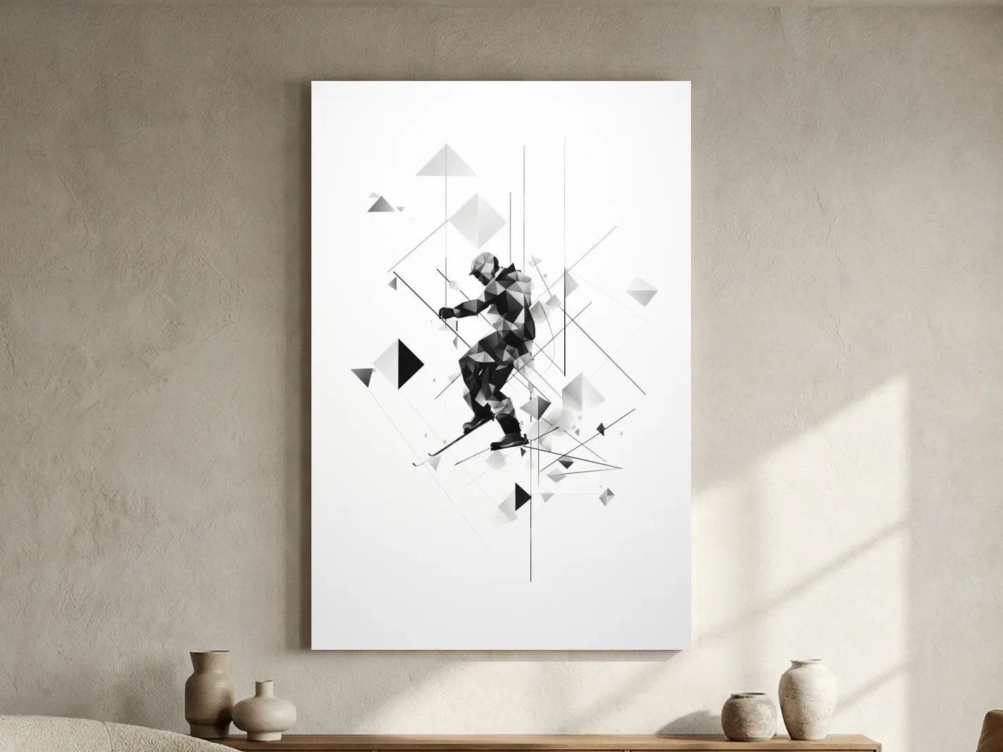 Monochrome Geometric Skier Silhouette - Abstract Winter Sports Wall Art