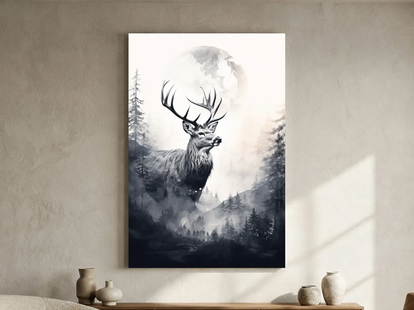 Majestic Stag In Misty Moonlit Forest - Double Exposure Wildlife Wall Art