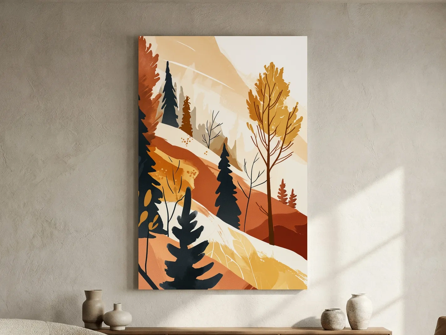 Minimalist Autumn Mountain Forest Landscape - Warm Scandinavian Wall Art