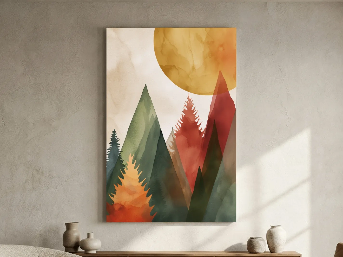 Rustic Watercolor Mountain Forest Sunrise - Modern Minimalist Wall Art