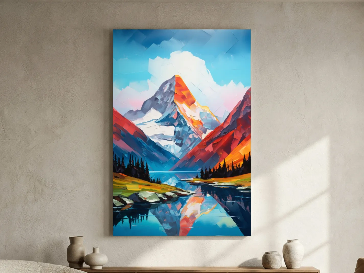 Vibrant Abstract Mountain Lake Reflection - Colorful Impasto Style Wall Art