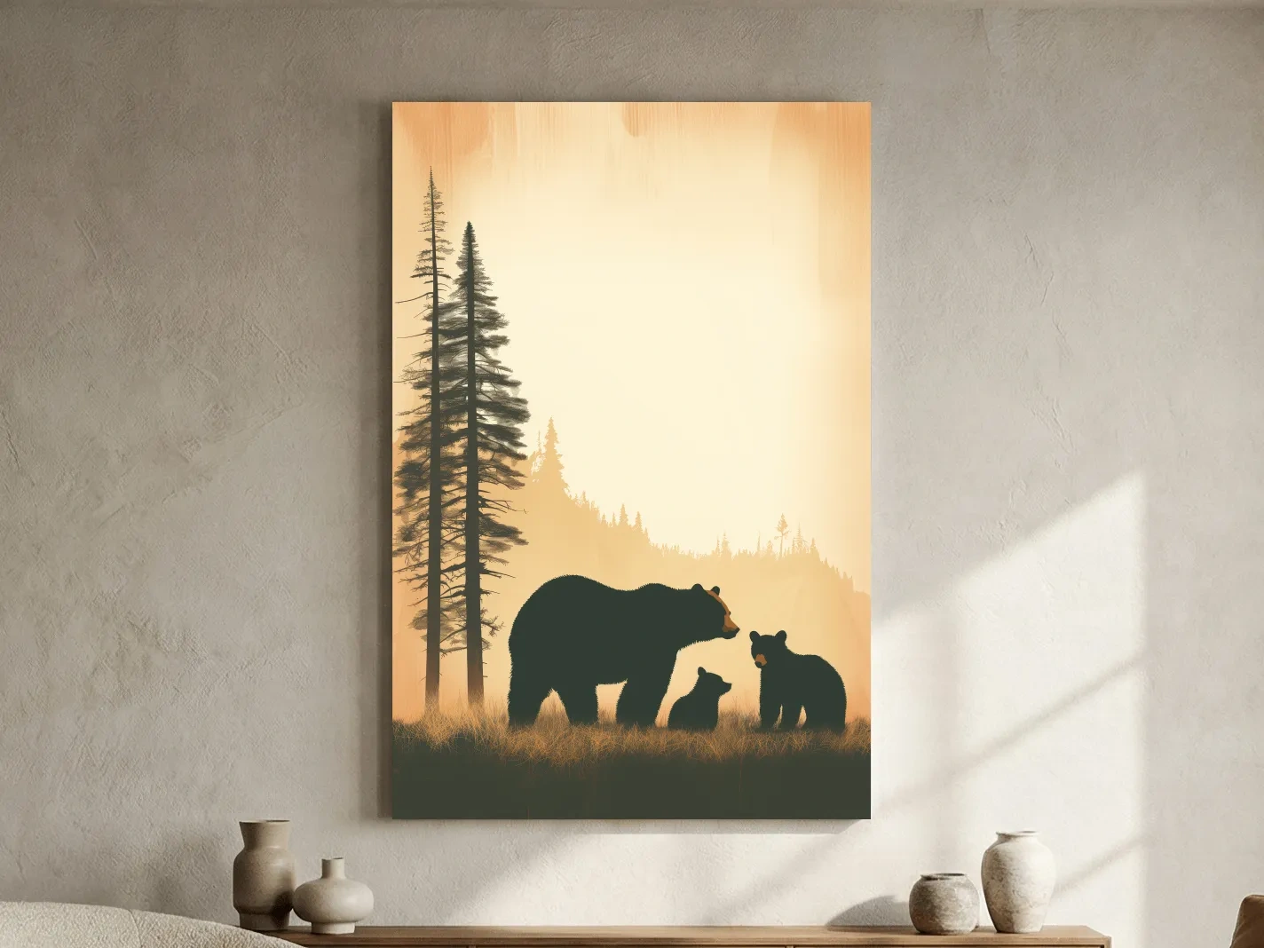 Bear Family Forest Silhouette Illustration - Minimalist Wildlife Artwork