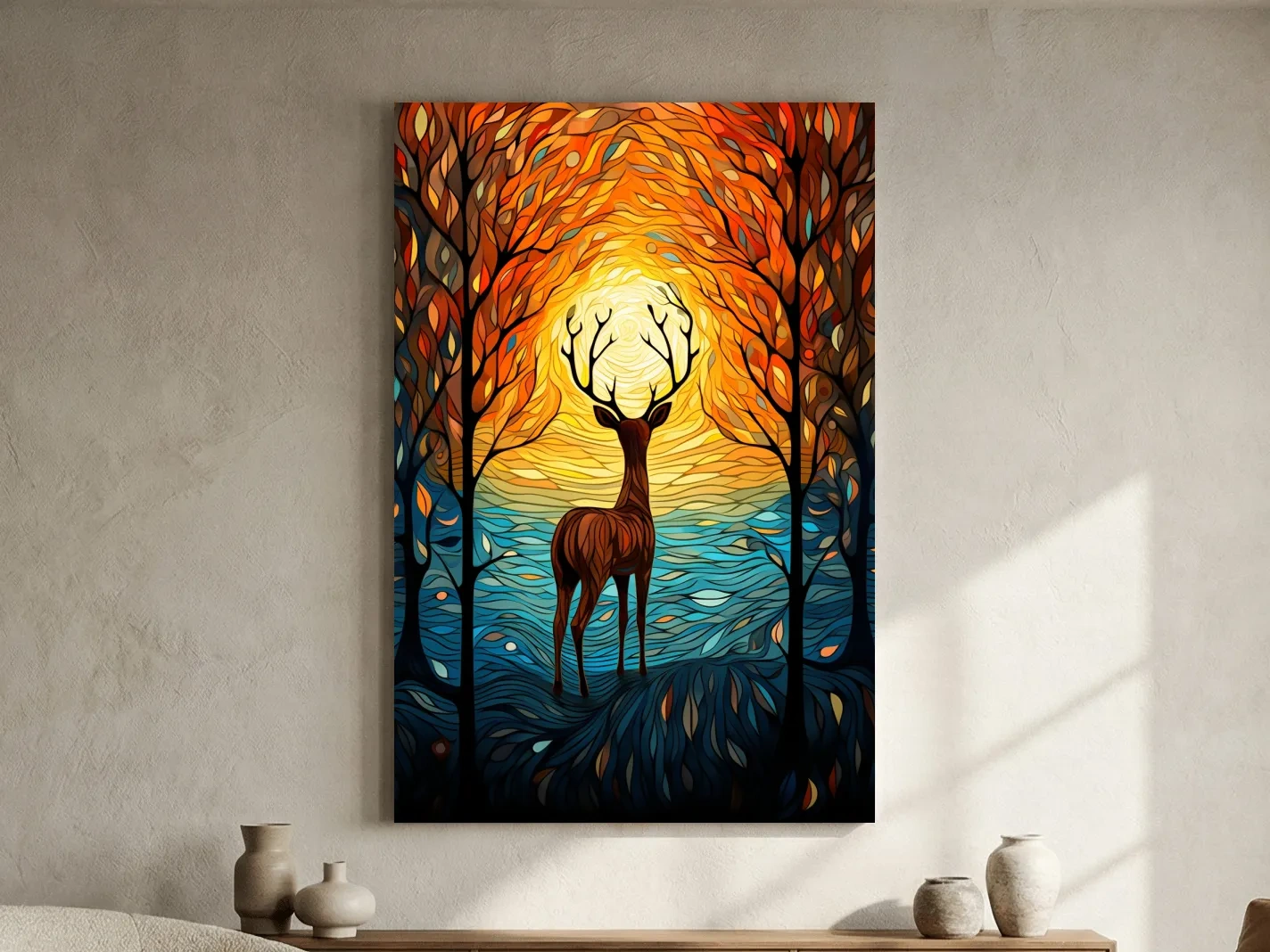 Glowing Autumn Forest Deer Silhouette - Vibrant Stained Glass Style Wall Art
