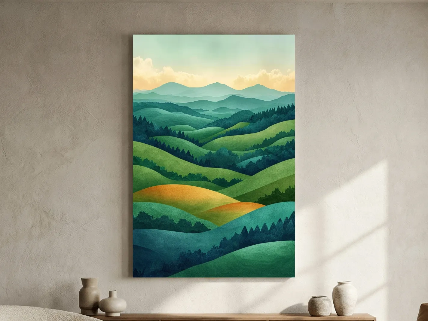 Layered Emerald Rolling Hills Landscape - Serene Scandinavian Nature Wall Art