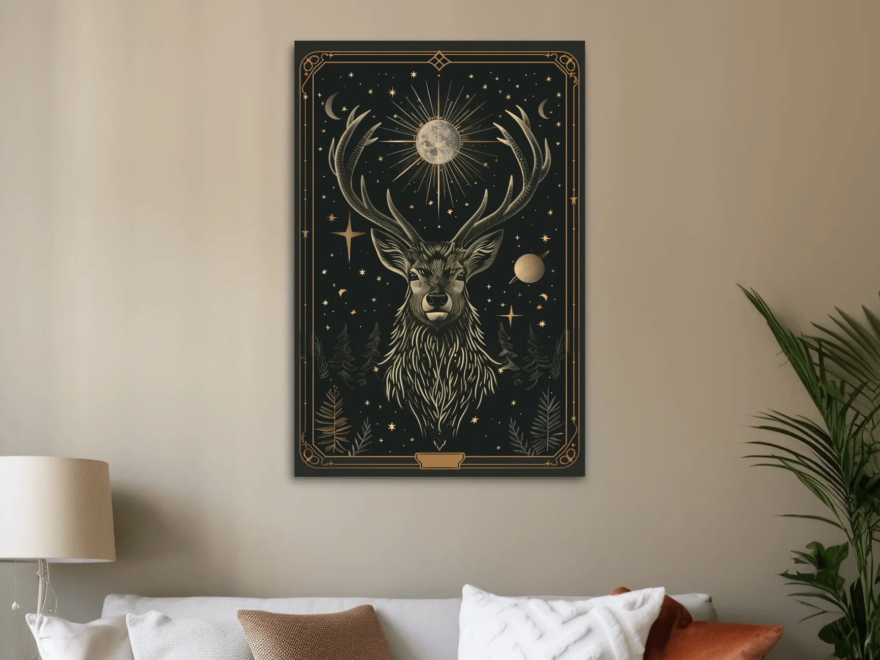 Elegant deer head tarot card style art, planetary solar system
