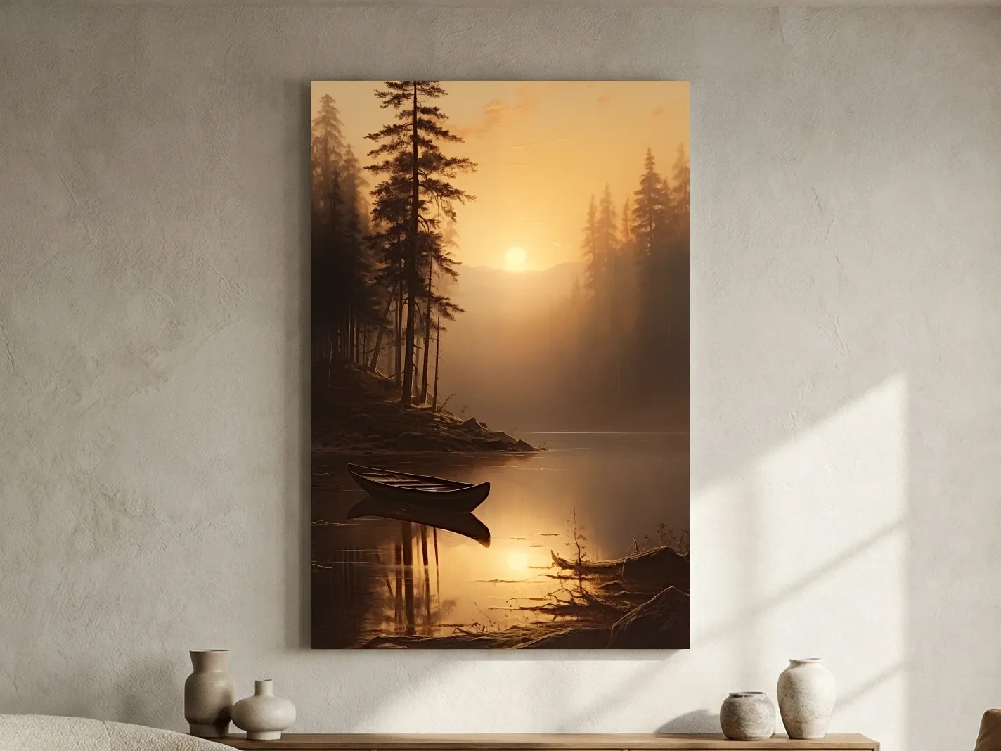 Misty Golden Lake Sunrise With Canoe - Serene Pine Forest Mountain Landscape Wall Art