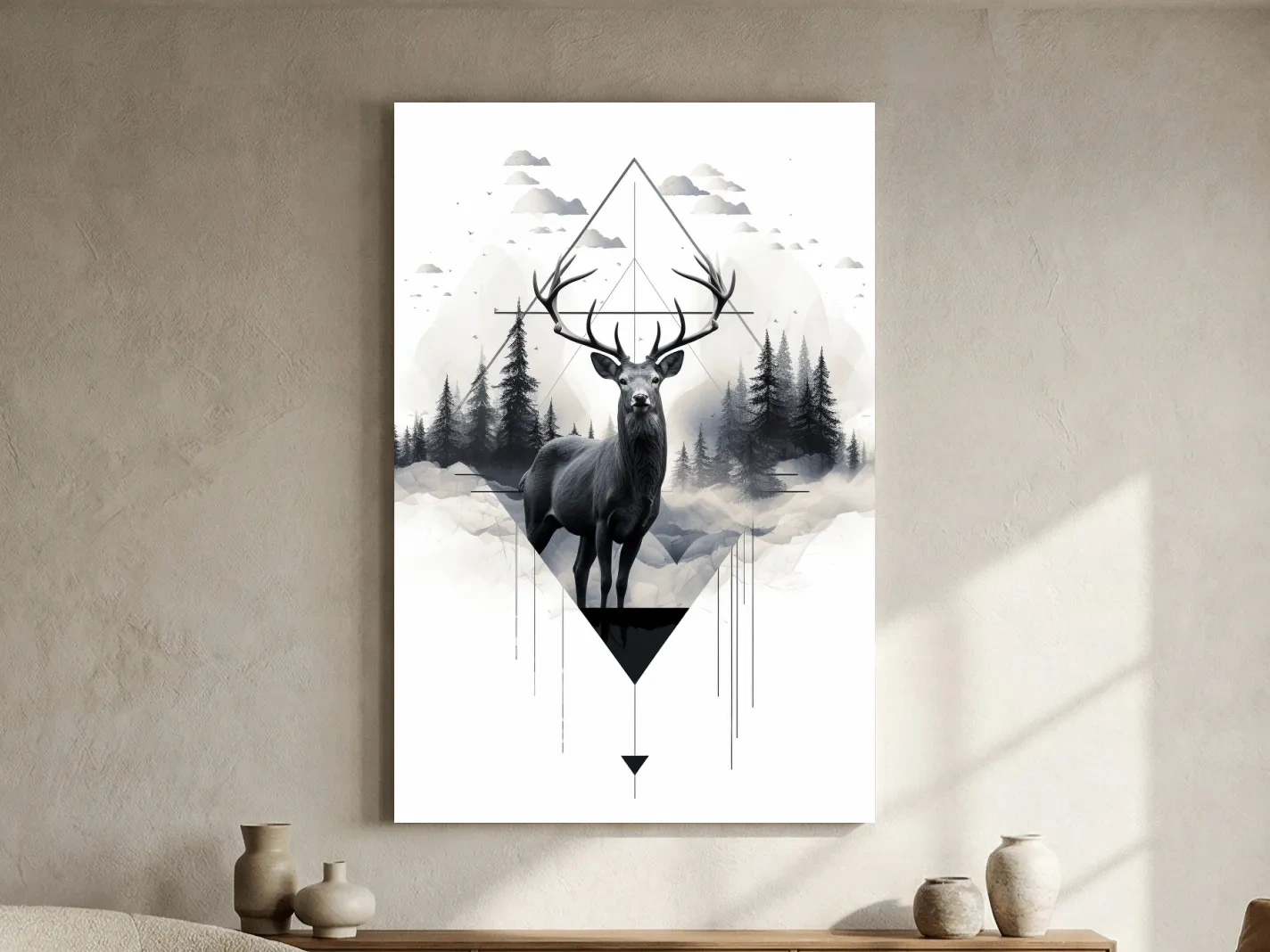 Geometric Monochrome Stag In Misty Pines - Tattoo Inspired Wildlife Wall Art