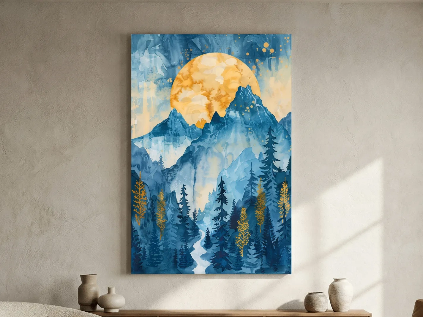 Alpine Sunset Watercolor Painting - Mountain Forest Landscape Wall Art