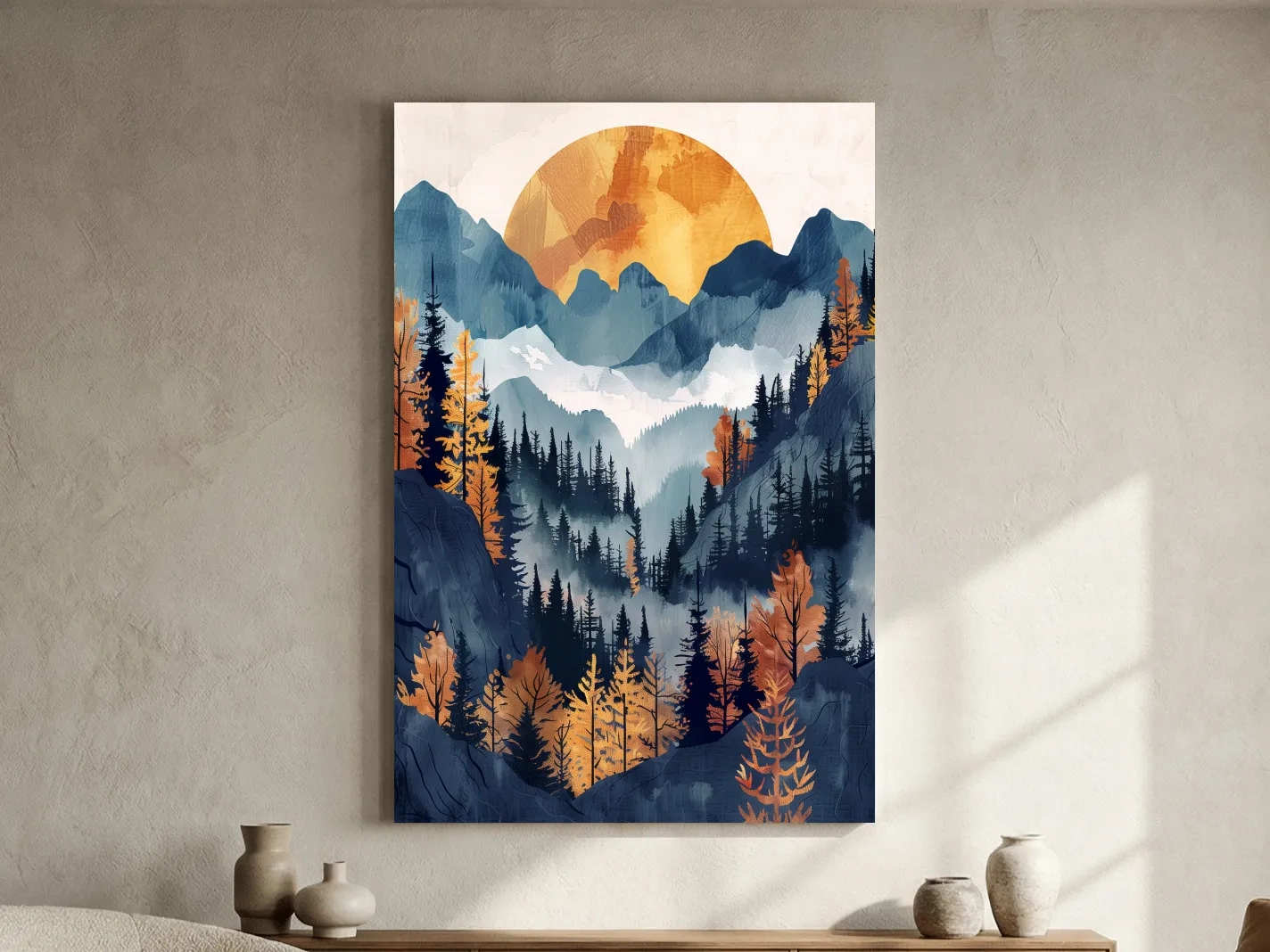 Foggy forest artwork, sunset over the mountains, textured watercolor style painting