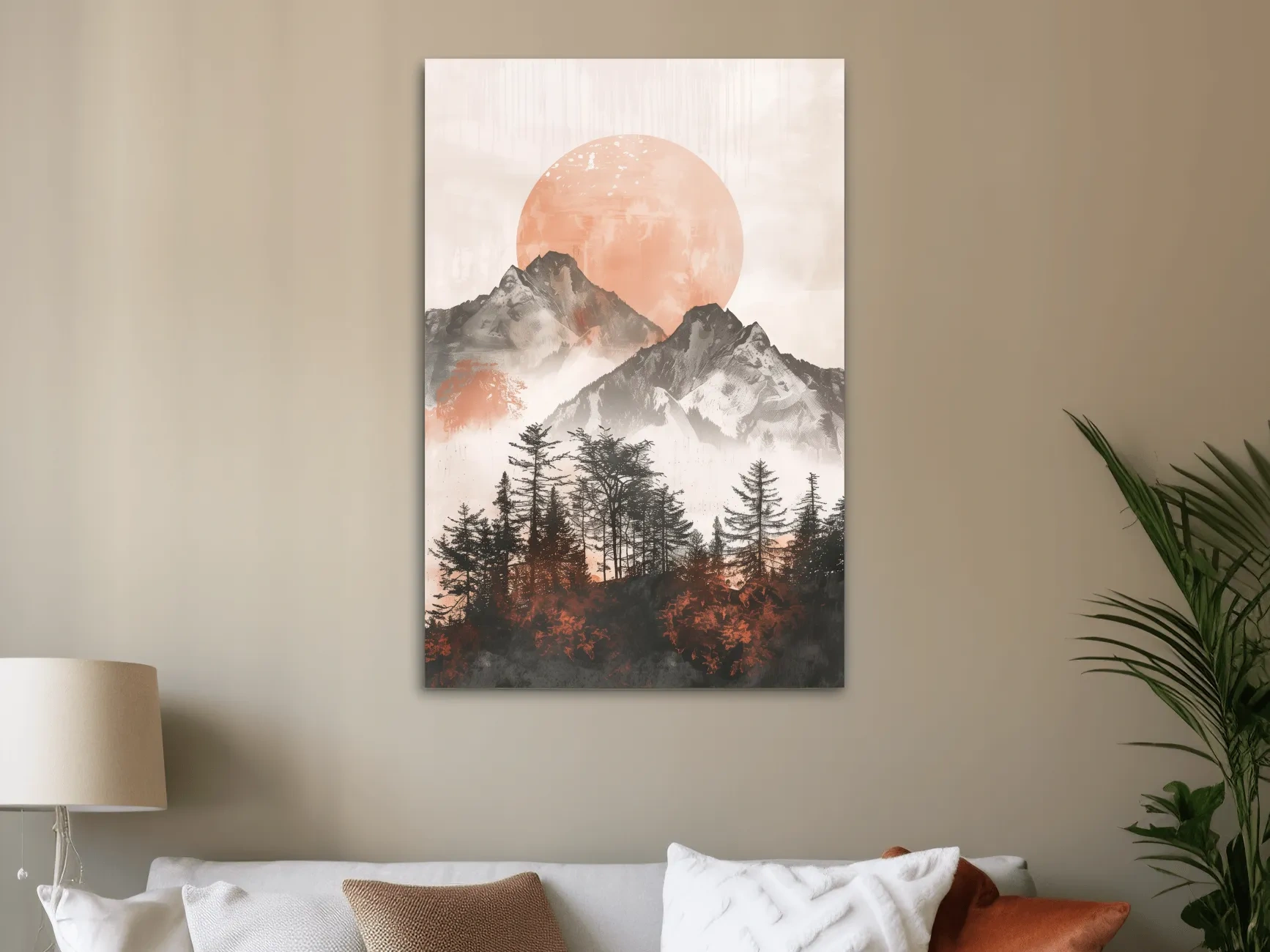 Japandi style boho wall art, sunset over an alpine forest, mountains & trees