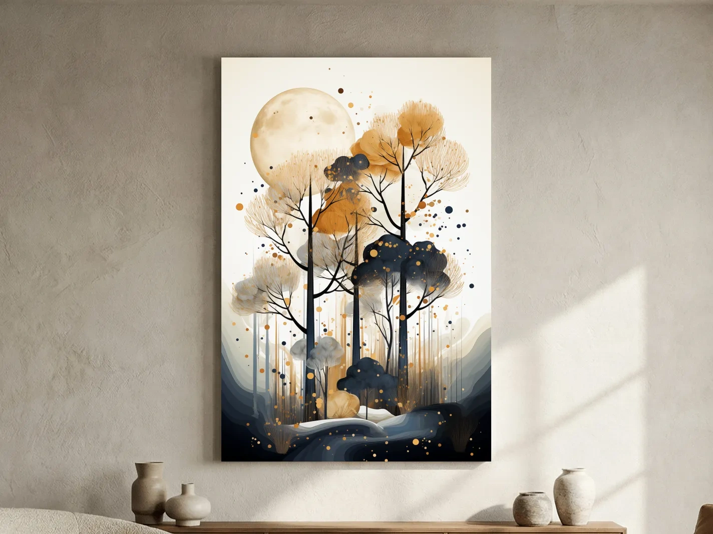 Surreal Chic Moonlit Boho Forest Illustration - Modern Botanical Wall Art