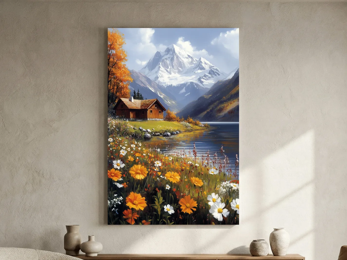 Autumn Alpine Lake Cabin Impressionist Painting - Snowcapped Mountain Wildflower Wall Art