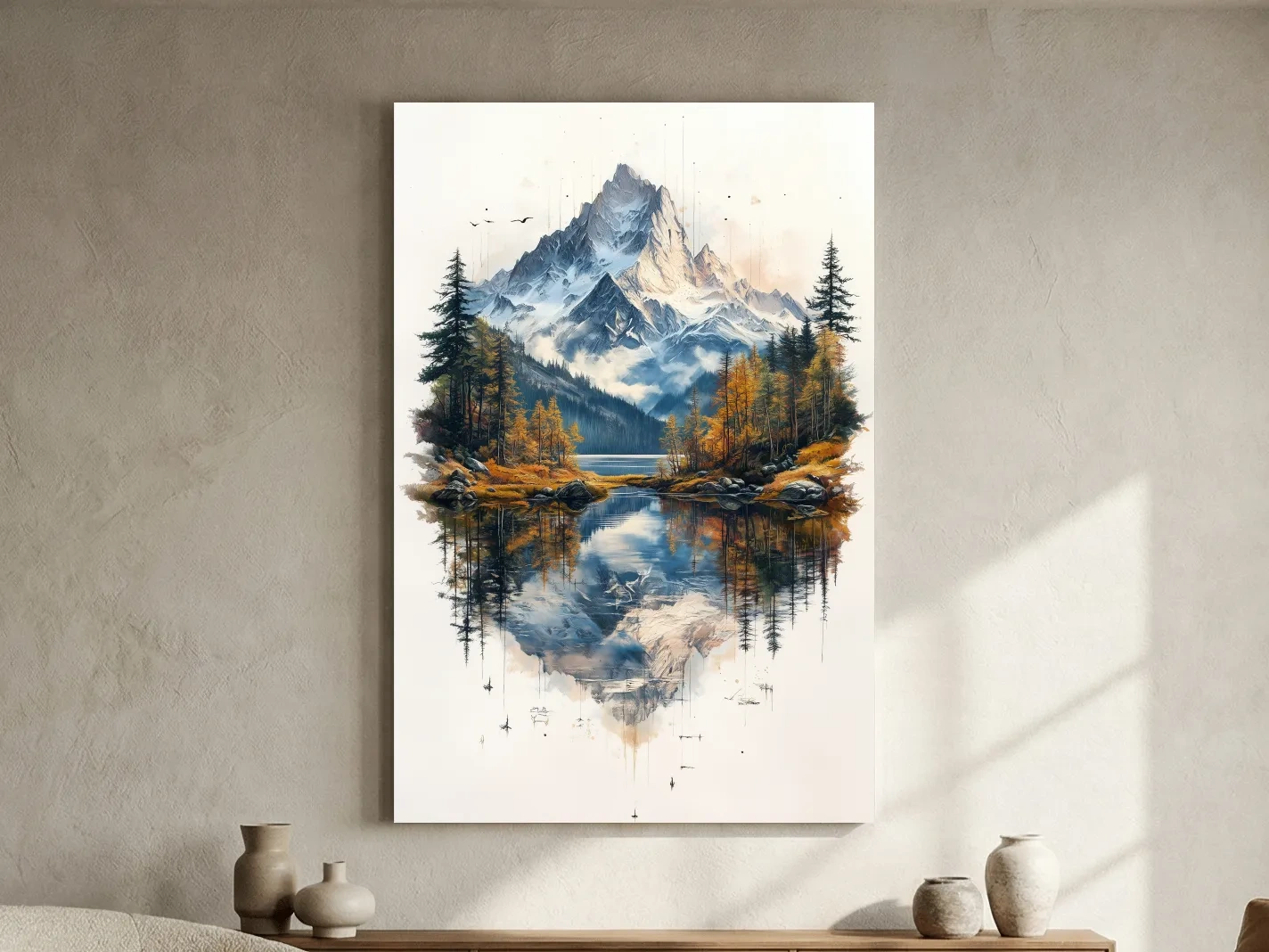 Misty Alpine Mountain Lake Painting - Autumn Pine Forest Tattoo Style Wall Art