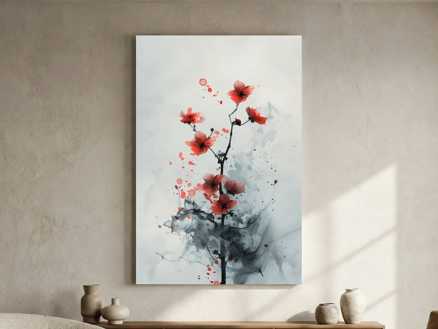 Red Cherry Blossom Ink Wash Painting - Minimalist Floral Wall Art