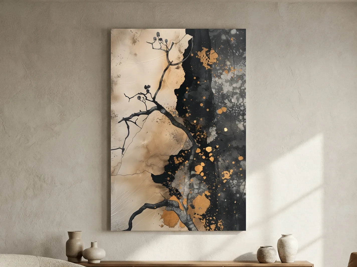 Ink Branch Silhouette With Gold Splatter - Modern Japandi Abstract Wall Art
