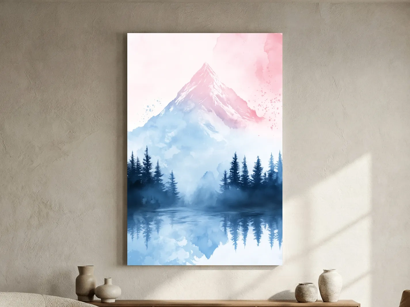 Dreamy Watercolor Alpine Lake Reflection - Pastel Forest Wall Art