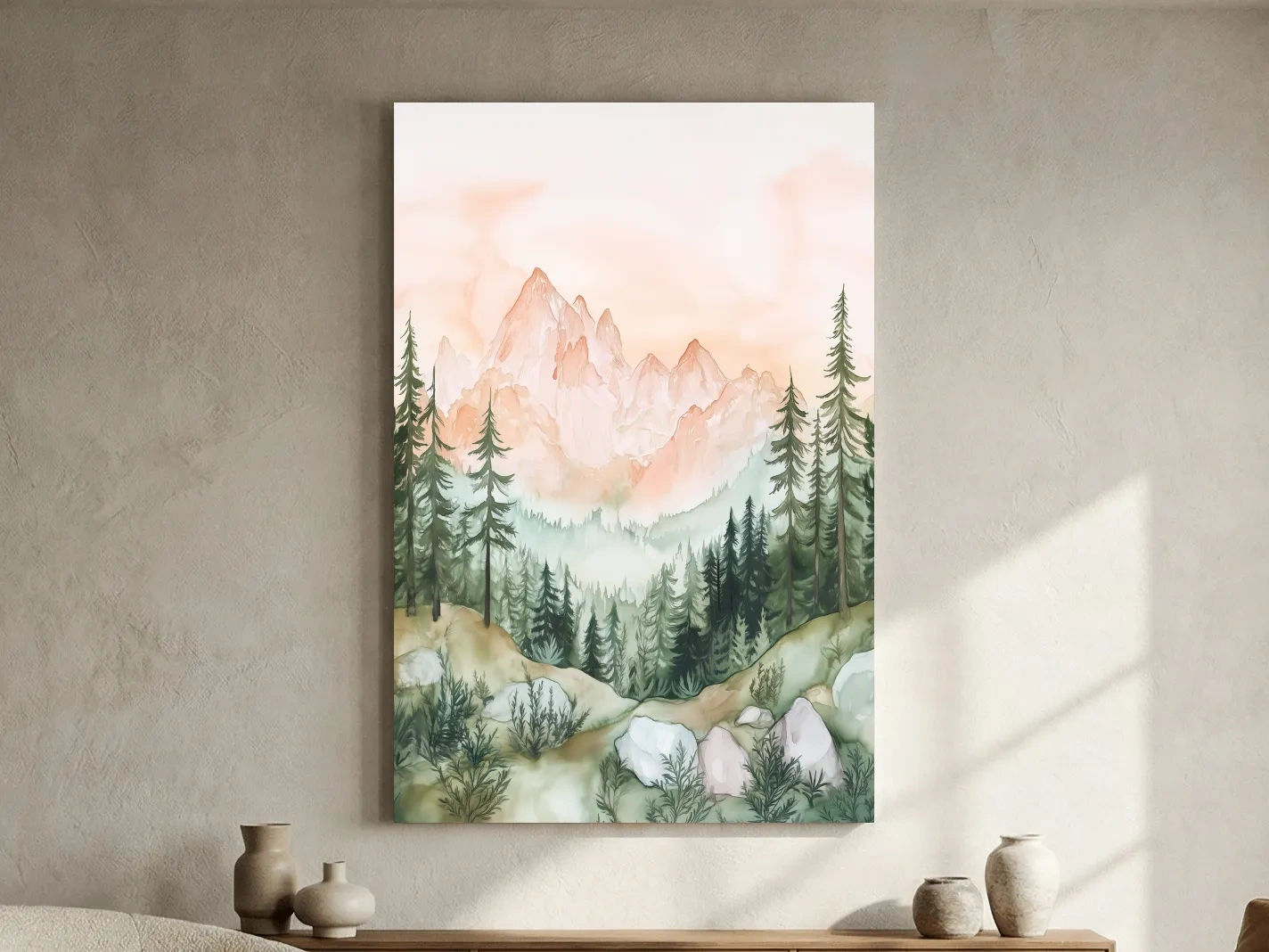 Pastel Watercolor Mountain Peaks & Pine Forest - Serene Alpine Landscape Artwork