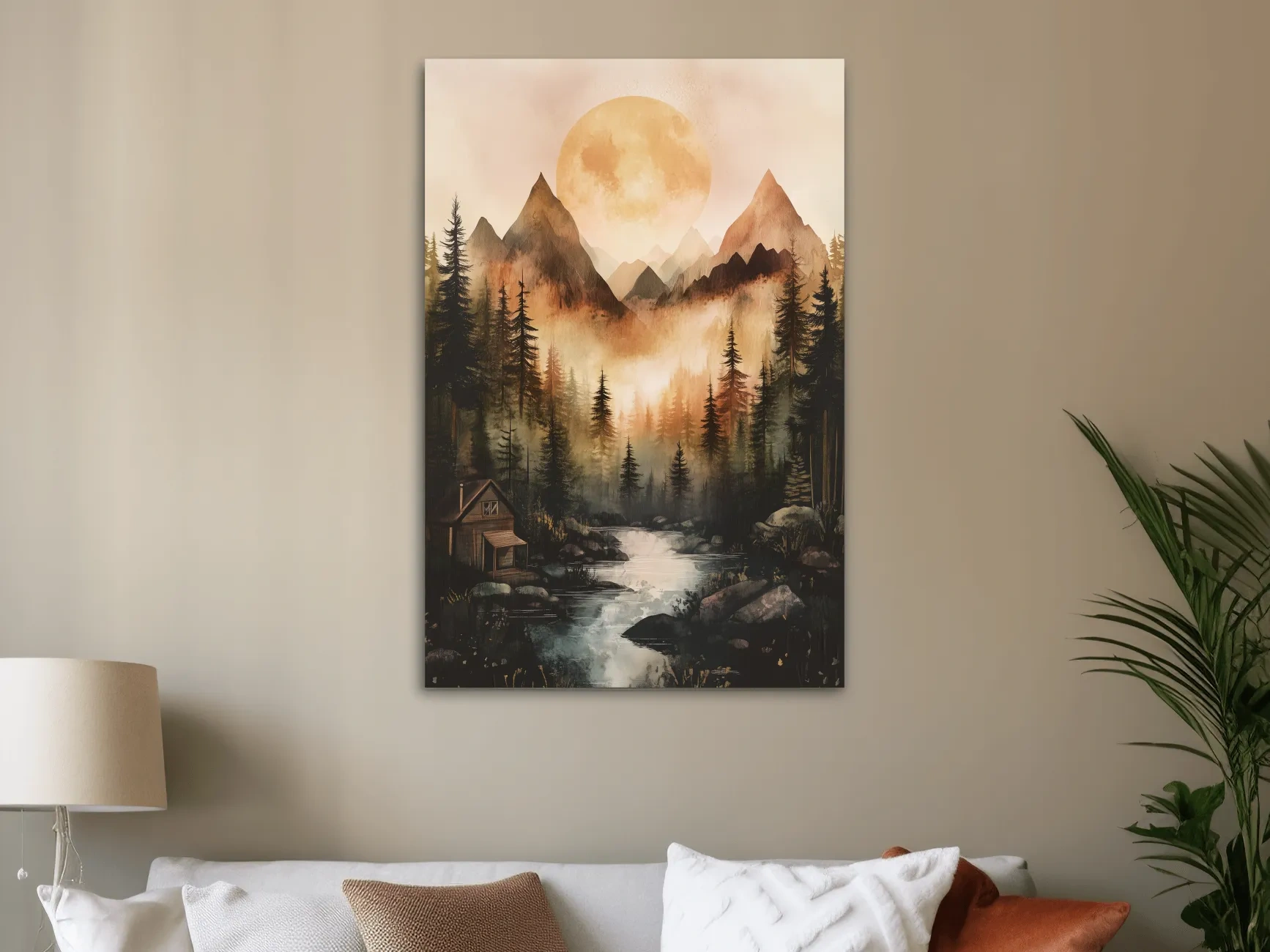 Misty Mountain River Cabin Watercolor - Rustic Forest Wall Art