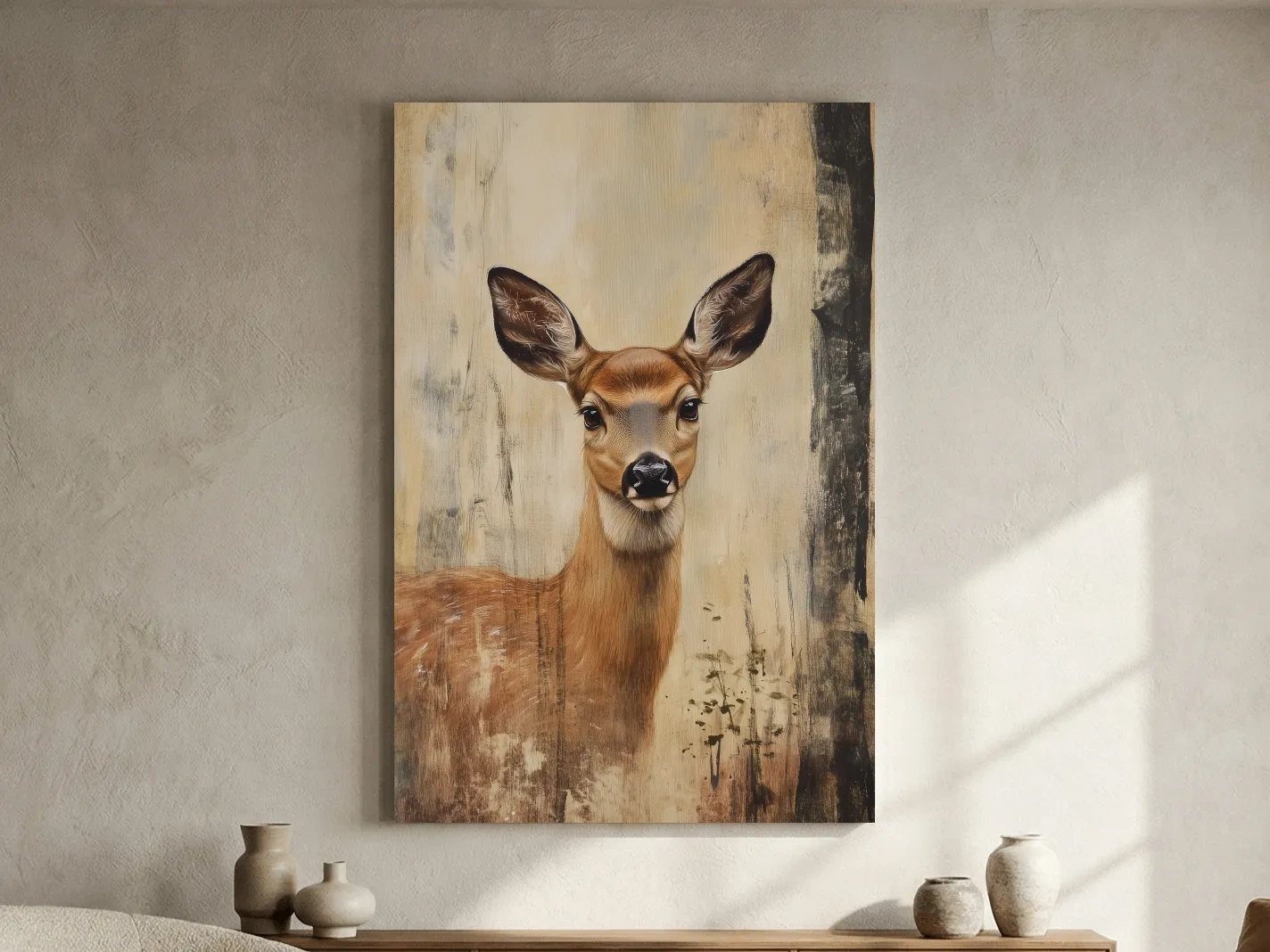 Rustic Whitetail Fawn Portrait Painting - Woodland Wildlife Wall Art