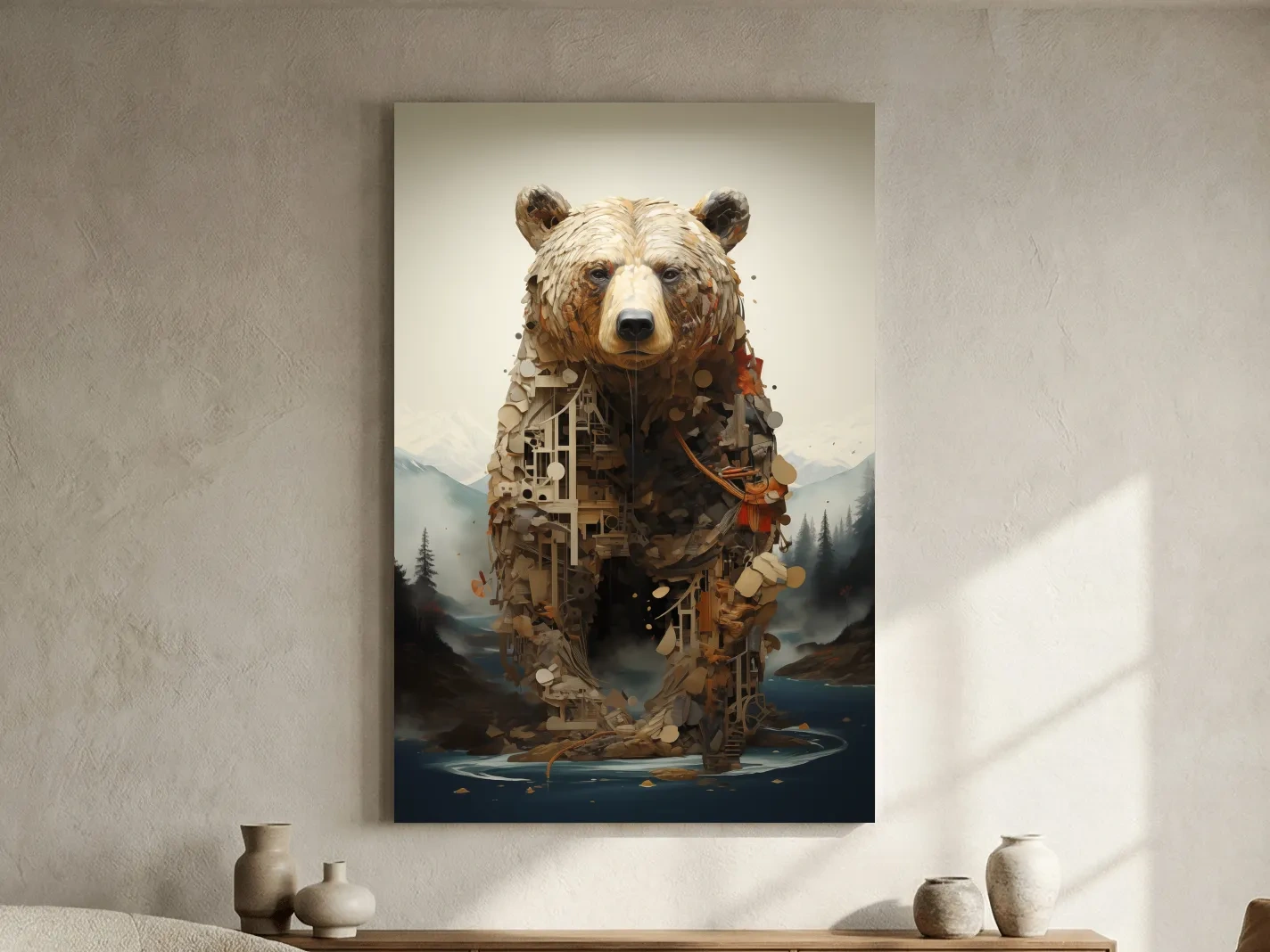 Surreal Grizzly Bear Collage Illustration - MC Escher Style Wildlife Wall Art